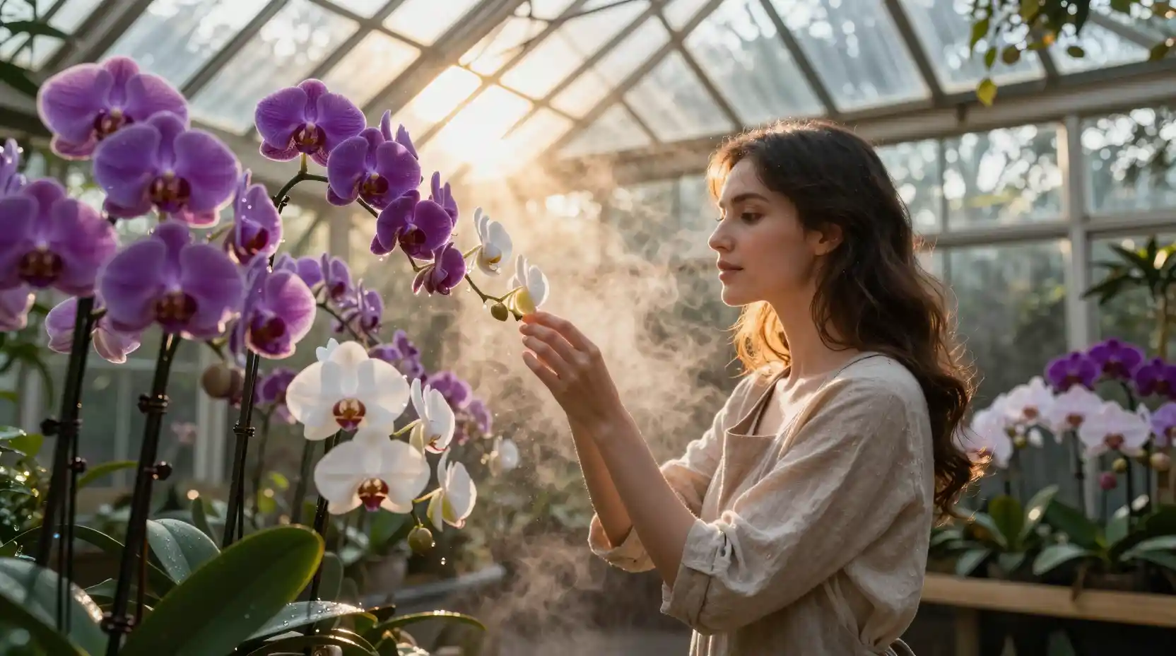 Woman tending orchids in sunlit glass greenhouse