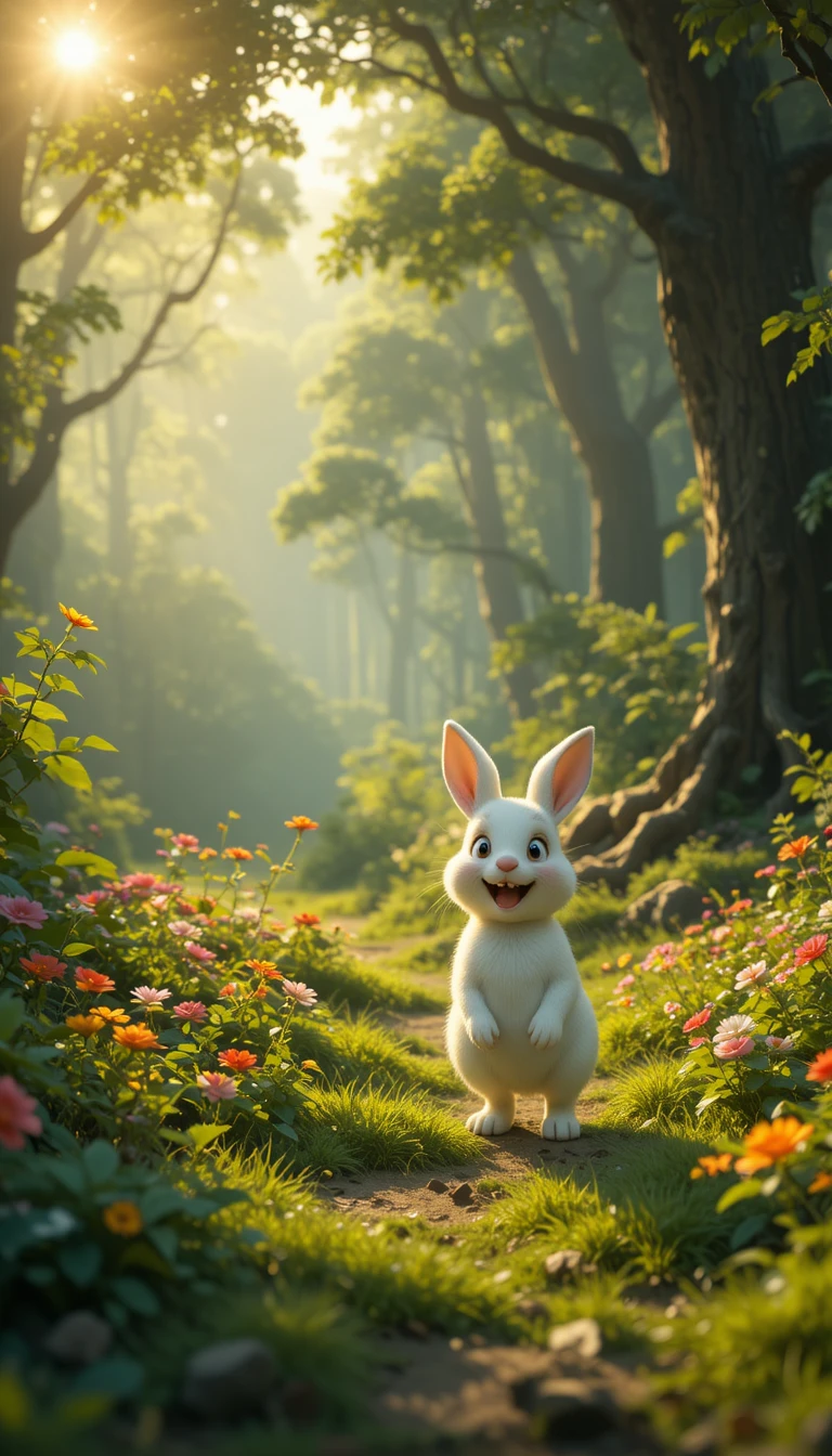 Cute white rabbit in a lush magical forest