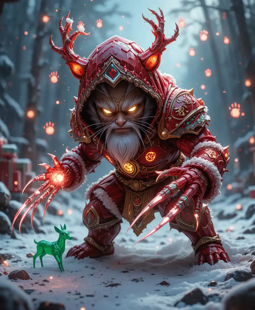 Crystal tabby cat warrior in rune covered santa armor