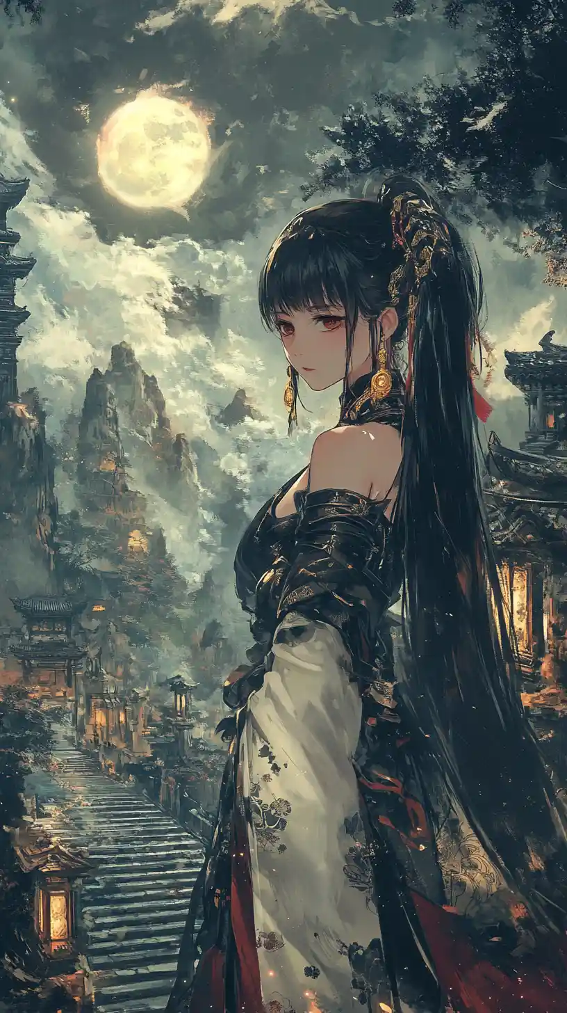 Girl climbing stone stairs in a dark ghostly dreamland