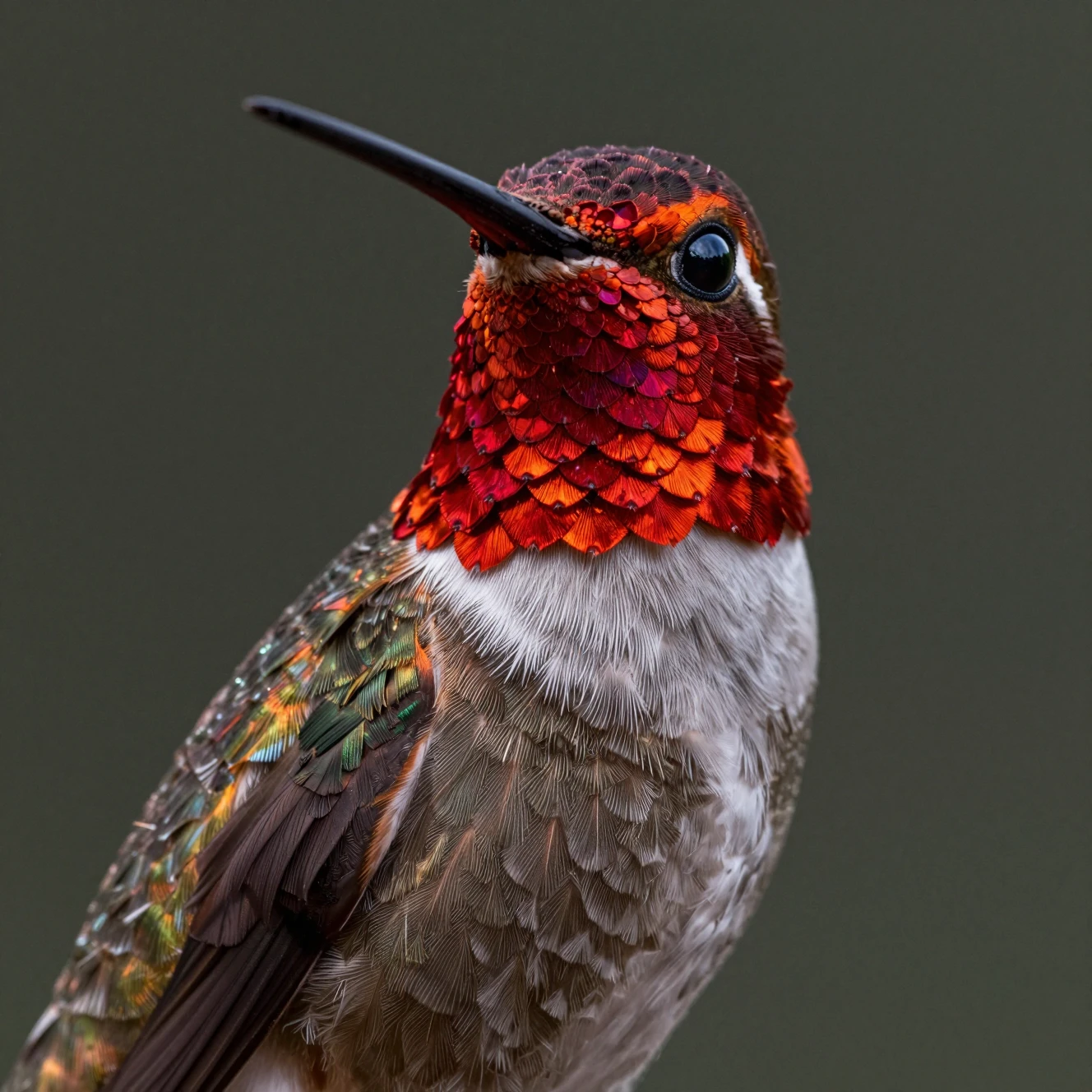 Portrait macro d’un colibri à gorge rubis en lumière de studio