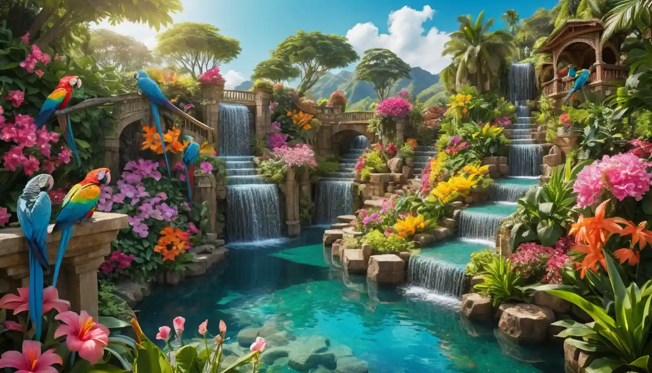 Fantasy Terraced Flower Garden Beside Turquoise Waterfalls