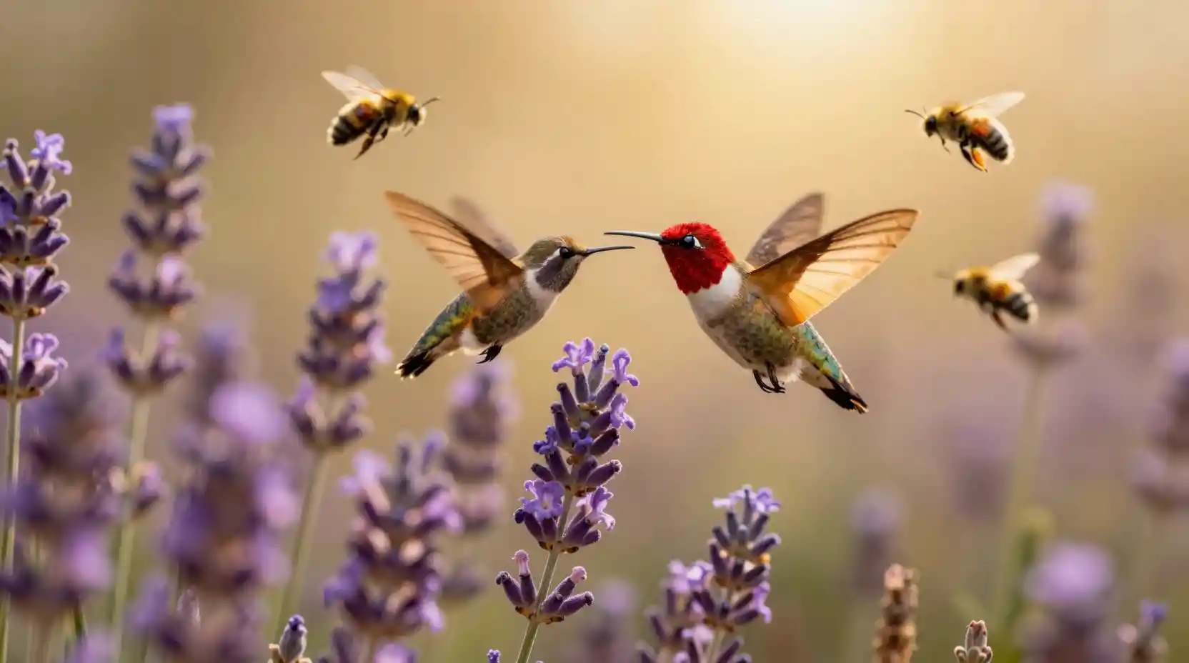 Hummingbird and hawk moth sharing lavender in golden light