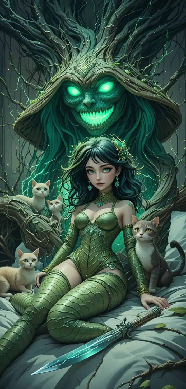 Fantasy woman with serpent spirit and crackling lightning