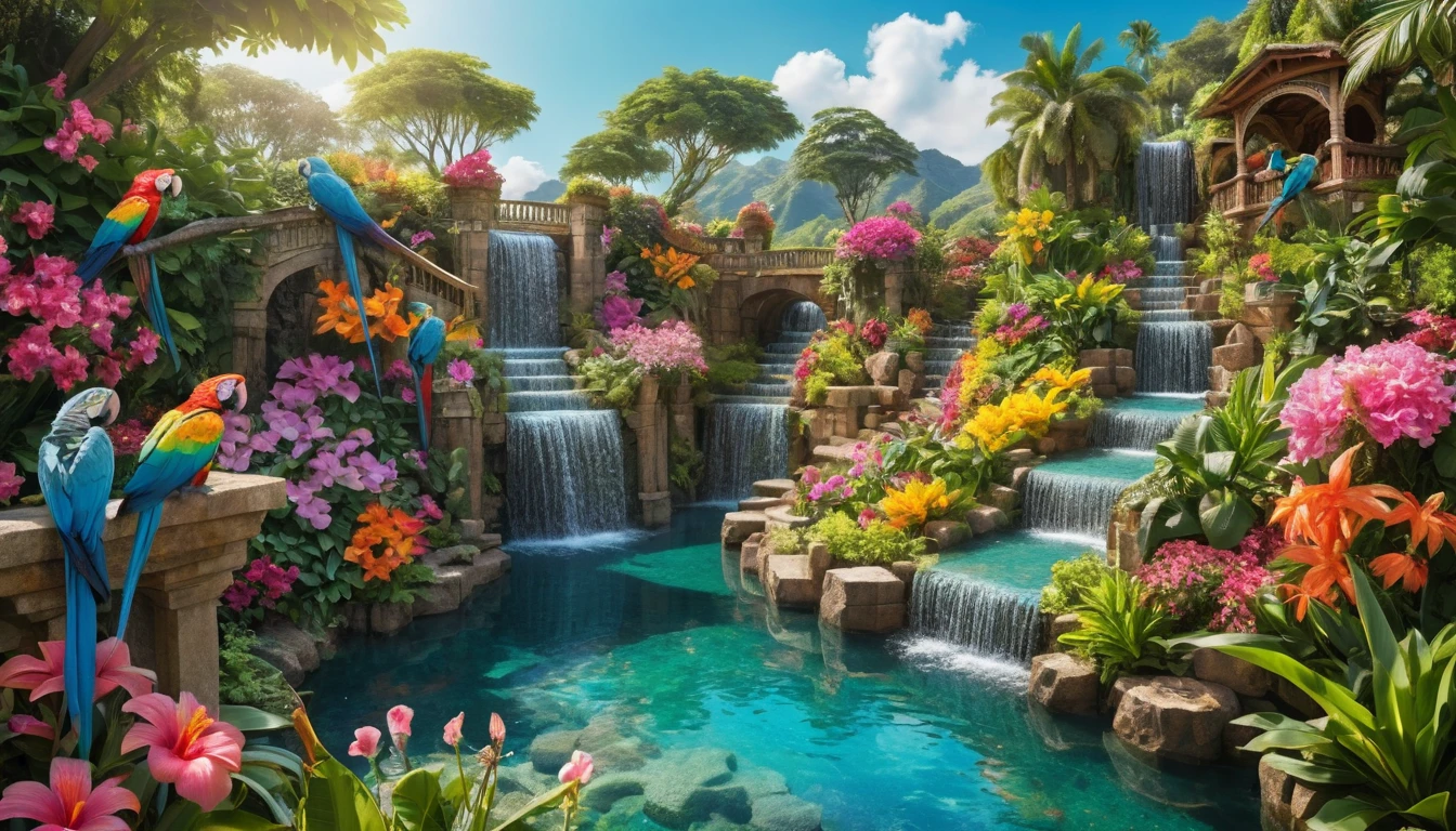 Fantastischer terrassierter Blumengarten neben türkisfarbenen Wasserfällen