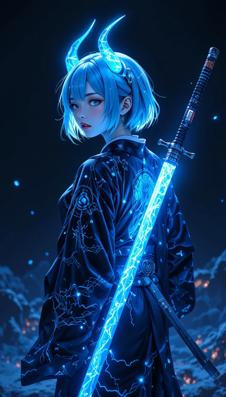 Cyber anime girl with glowing katana and electric blue gaze