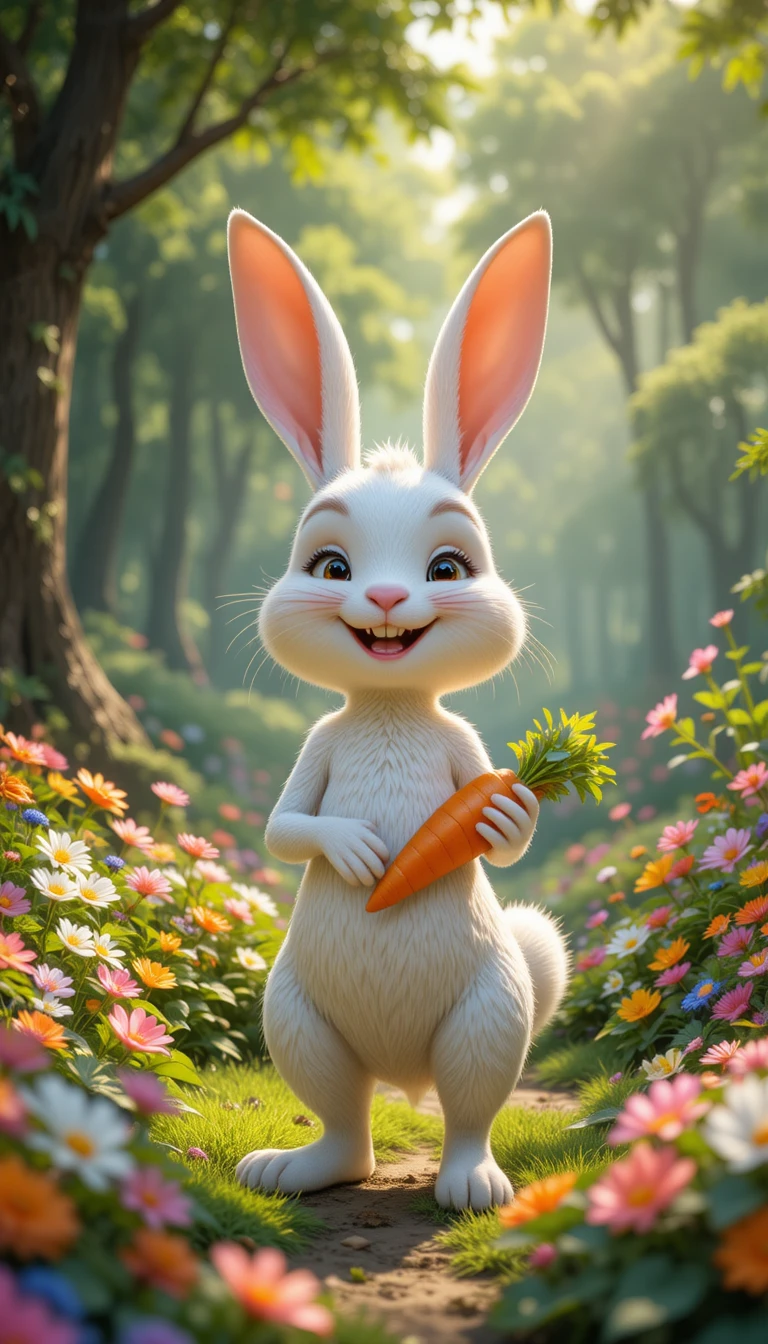 Cute white rabbit holding a carrot in a magical forest