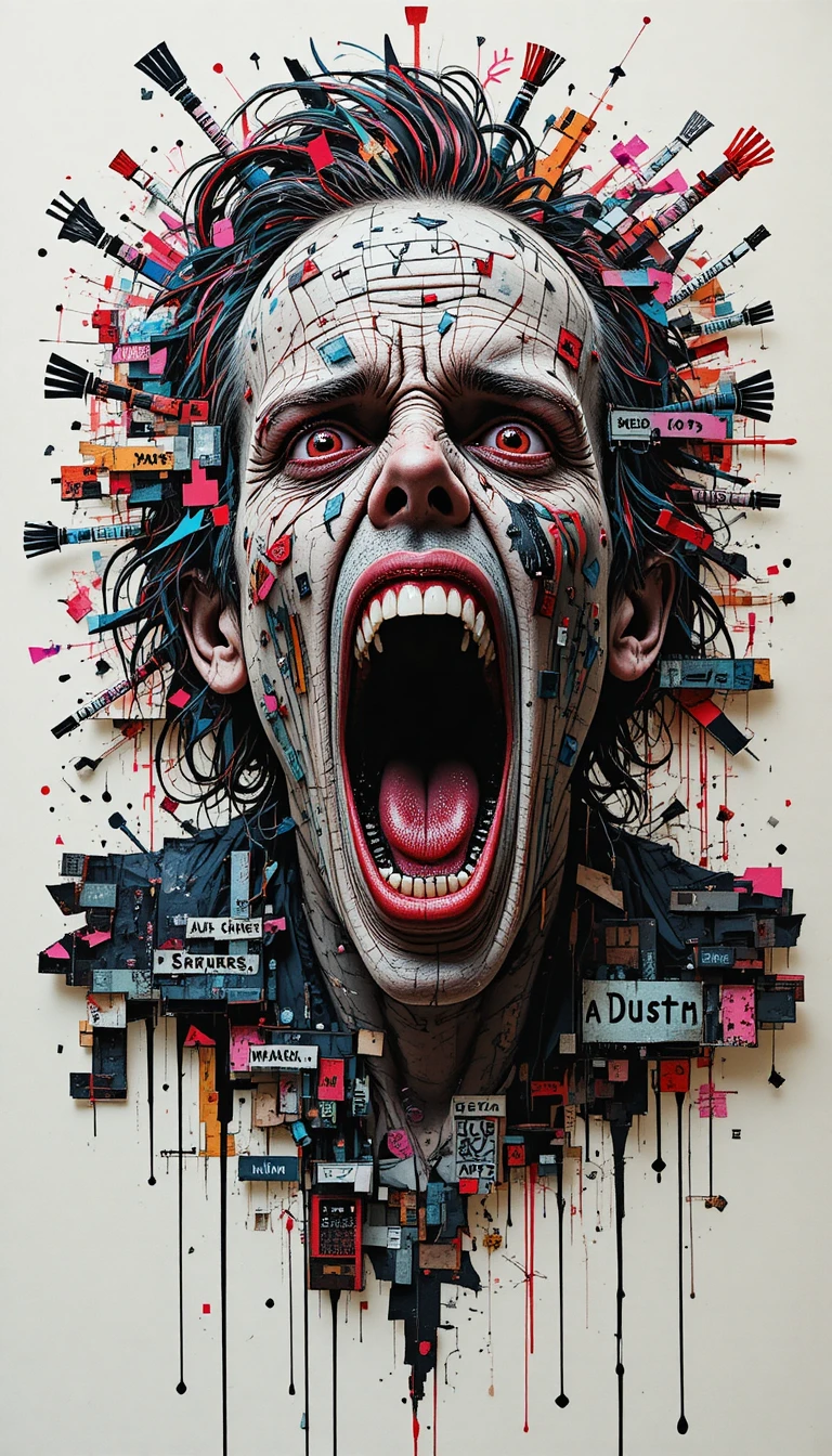 Grotesque neon collage portrait with explosive chaotic expression