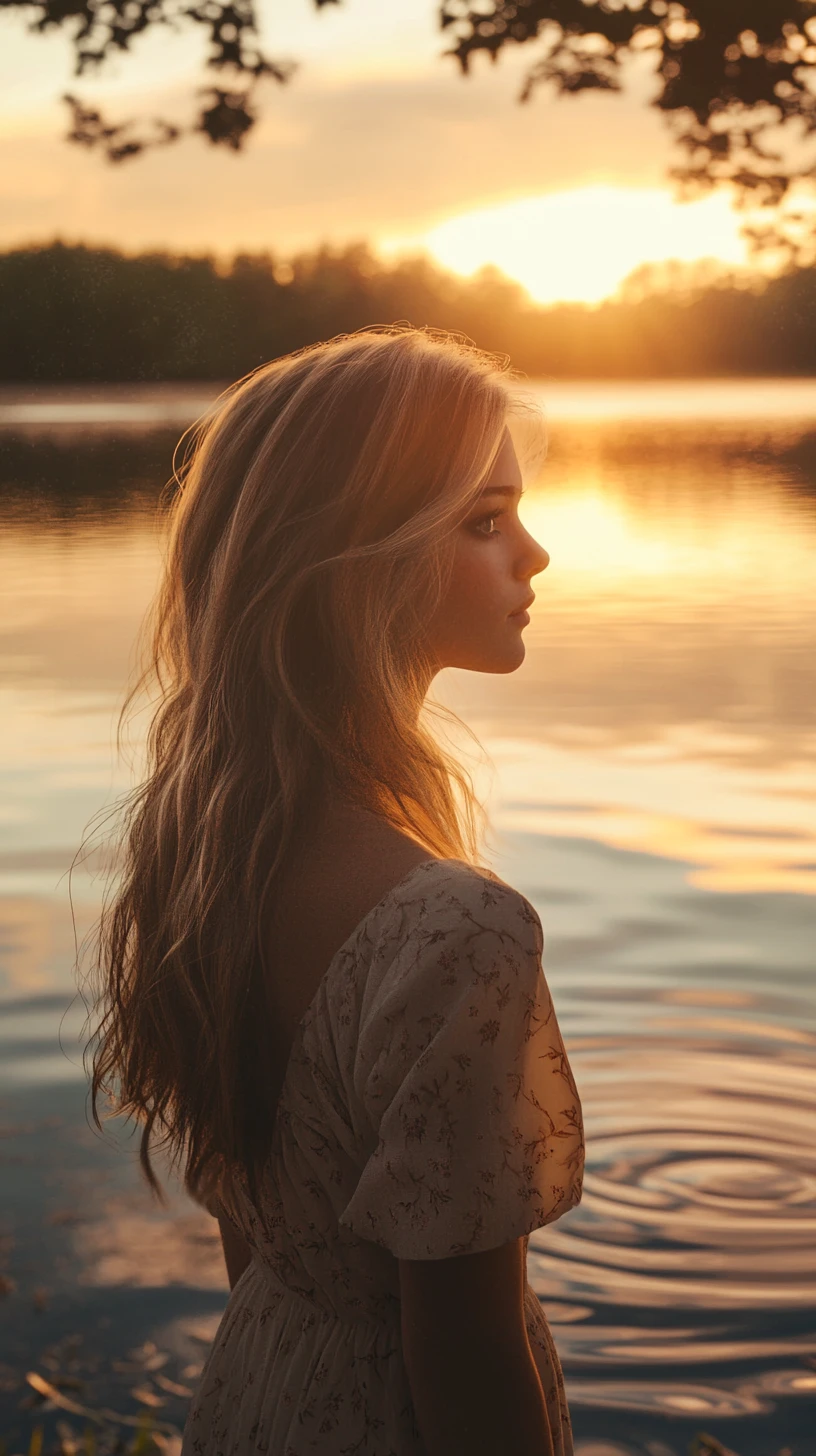 Giovane donna accanto a un lago calmo al caldo tramonto