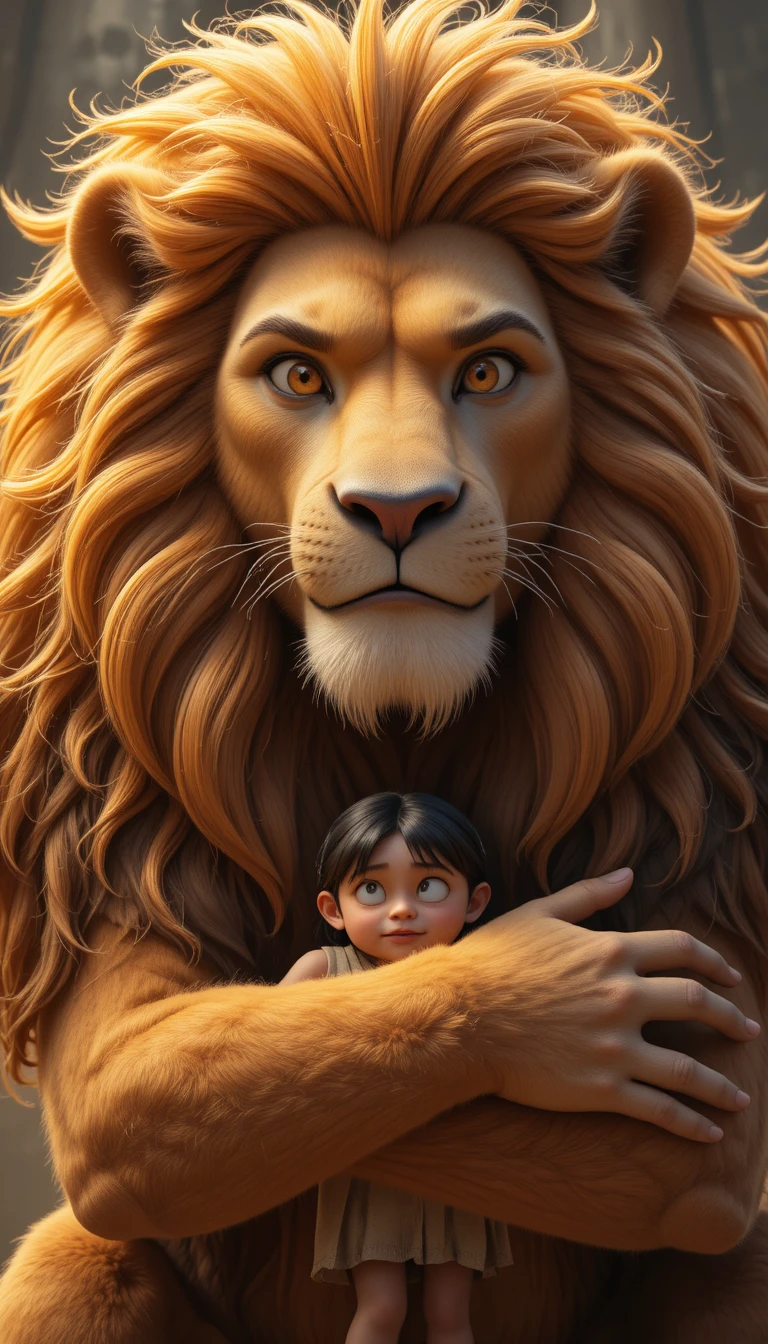 Lion and child hug in warm 3D illustration portrait