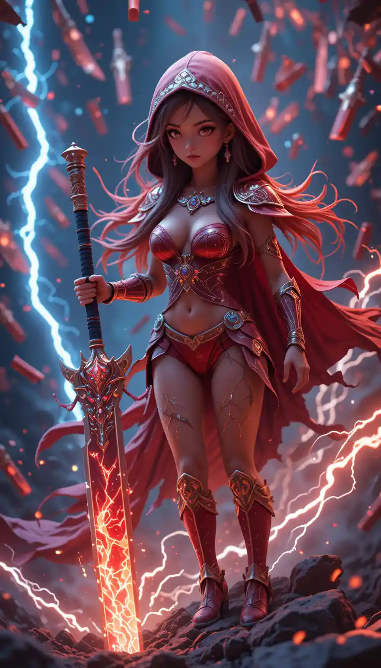 Crimson elf warrior with guandao amid floating crimson blades