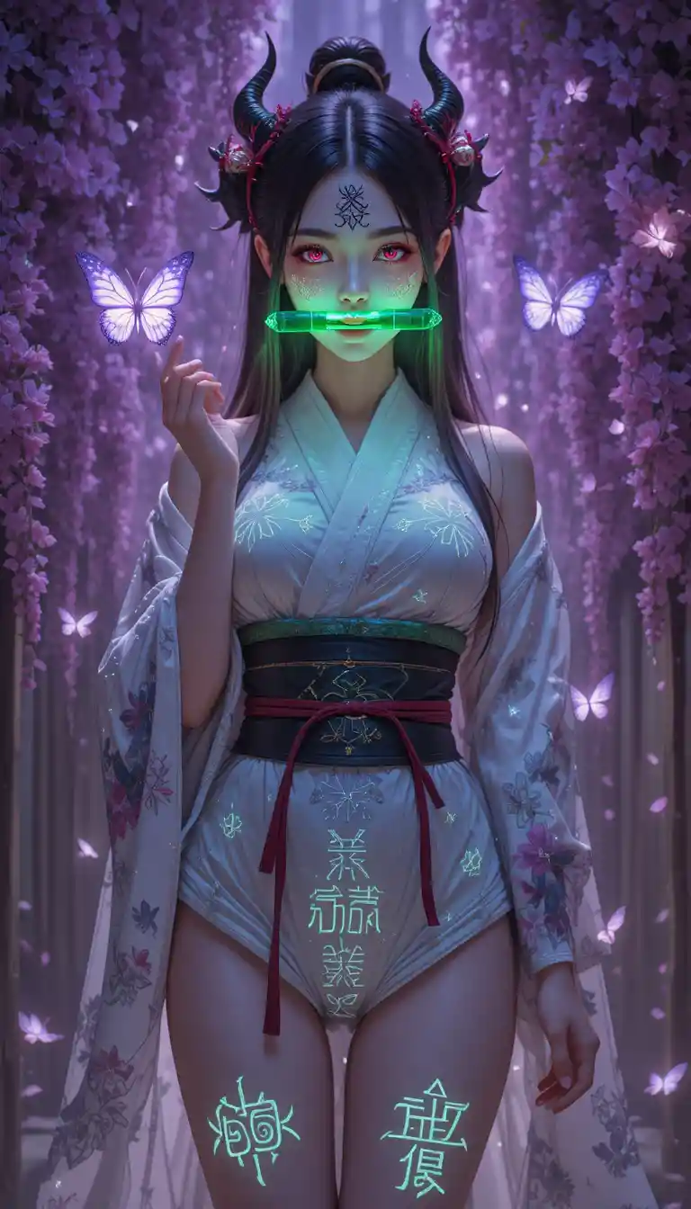 Anime demon girl with glowing runes and bamboo gag