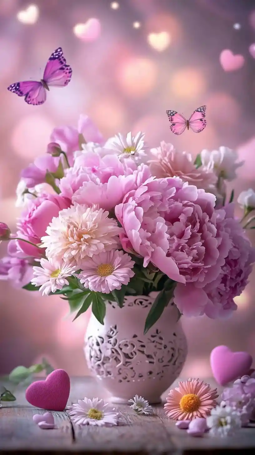 Romantic flower bouquet with butterflies and hearts decor