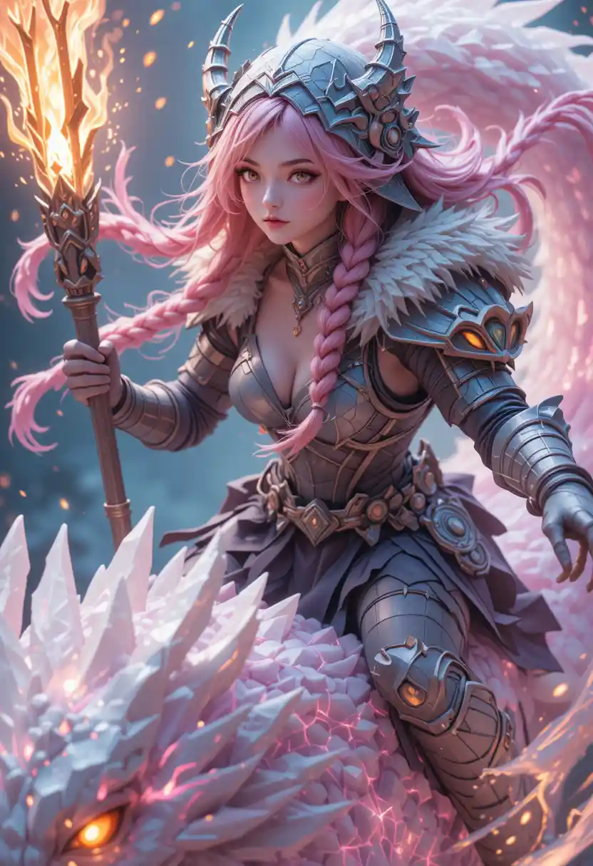Pink haired warrior girl riding a white flaming beast