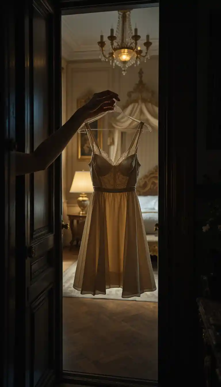Silk mini slip dress held in a dark hotel doorway