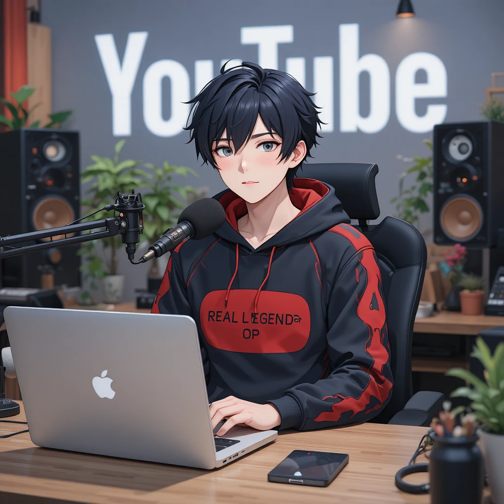 Anime boy streaming at a computer desk with mic