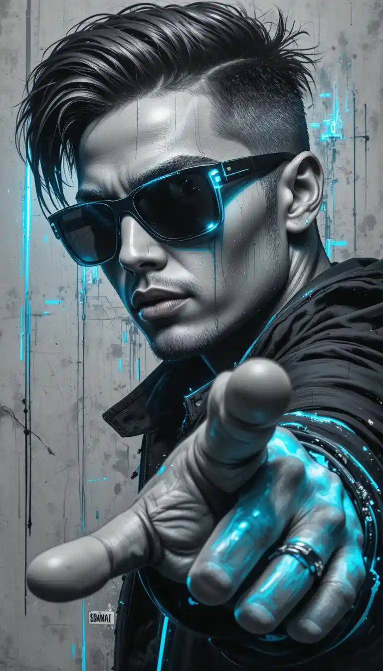 Urban mural portrait of a woman in sunglasses with neon accents