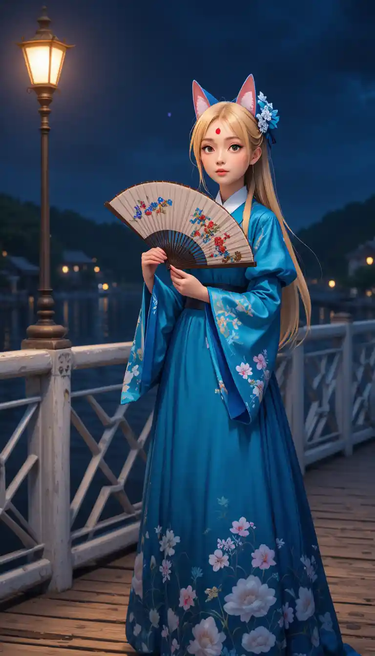 Blonde anime woman twirling a fan on a night pier