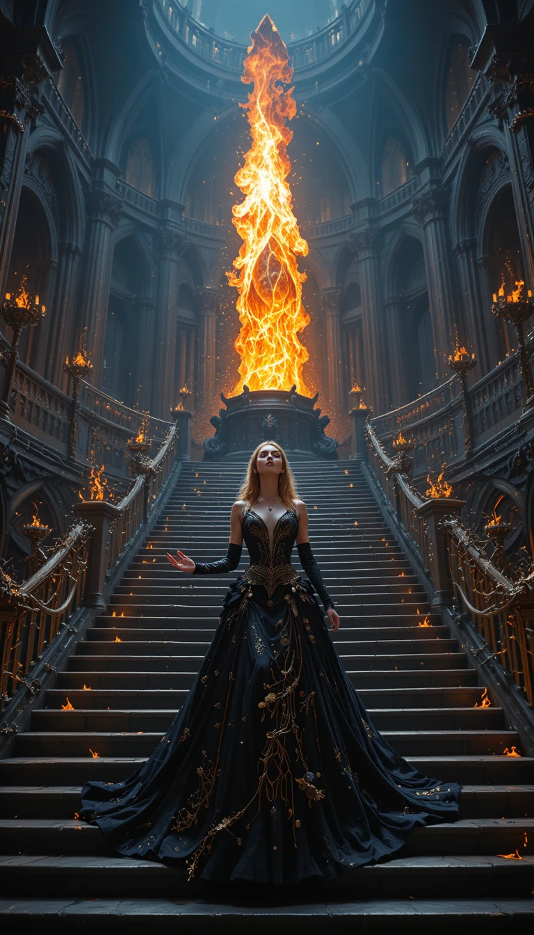 Powerful sorceress in a gothic cathedral of blazing fire