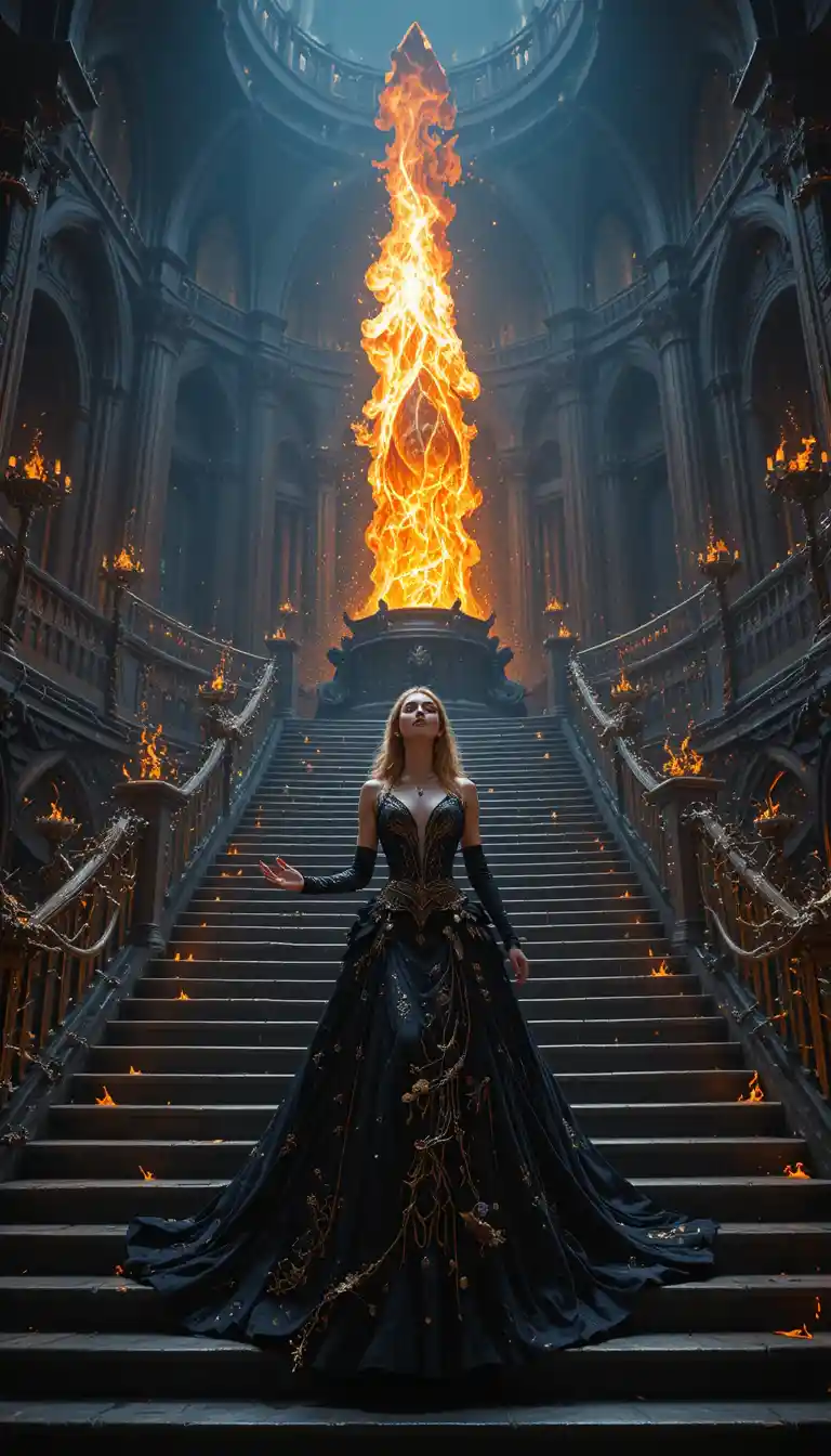 Mächtige Zauberin in einer gotischen Kathedrale lodernden Feuers