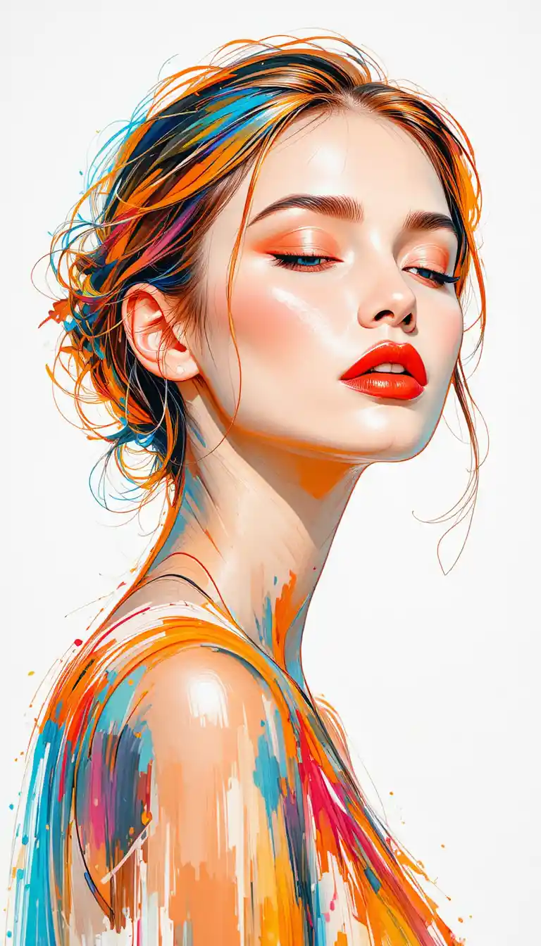 Dreamy fashion illustration portrait of a girl with closed eyes