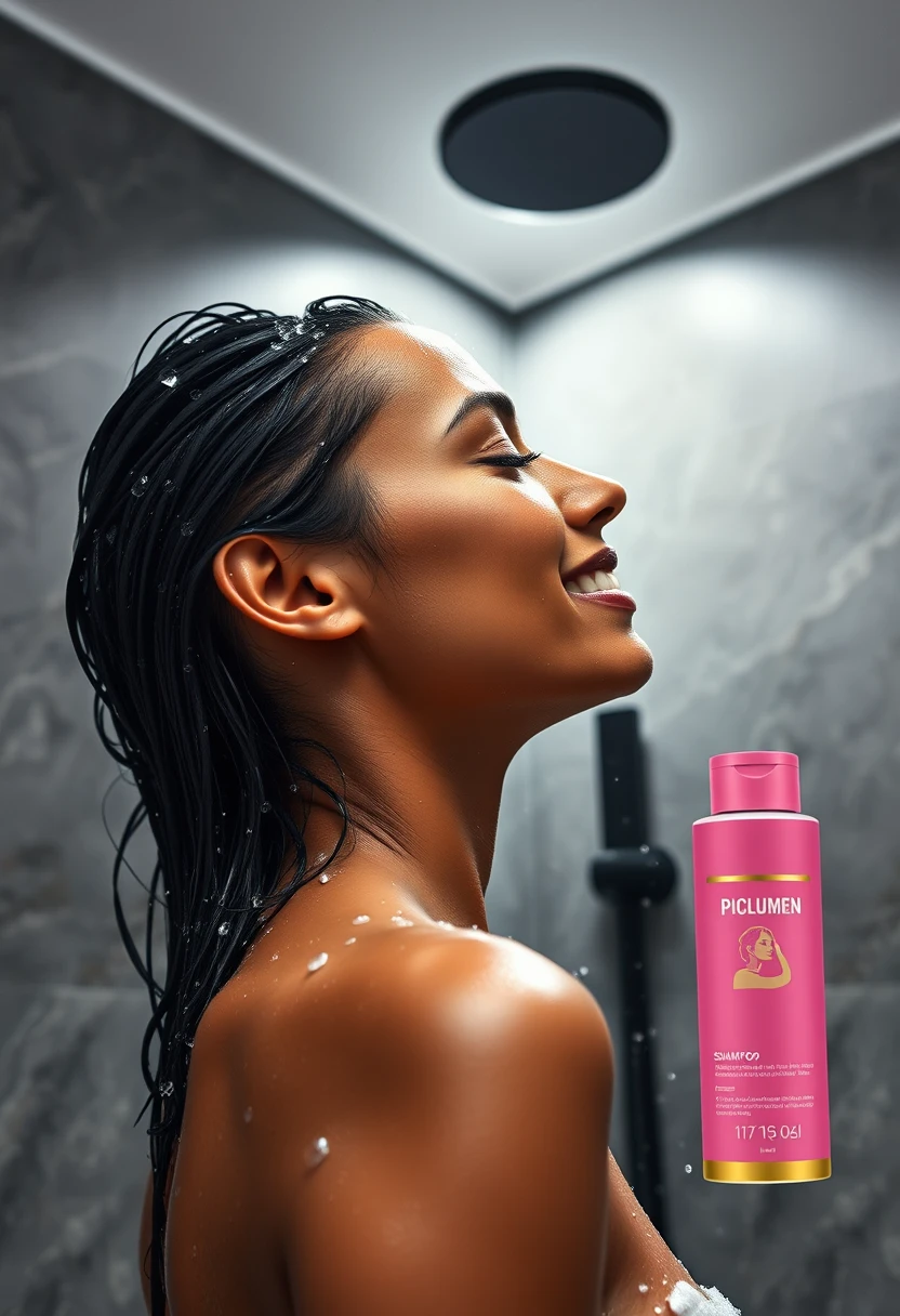 Arab woman showering under bright spotlight with wet hair