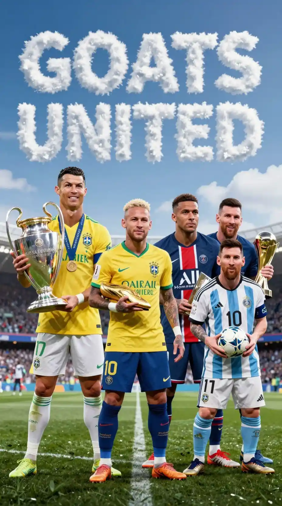Soccer legends standing together holding championship trophies