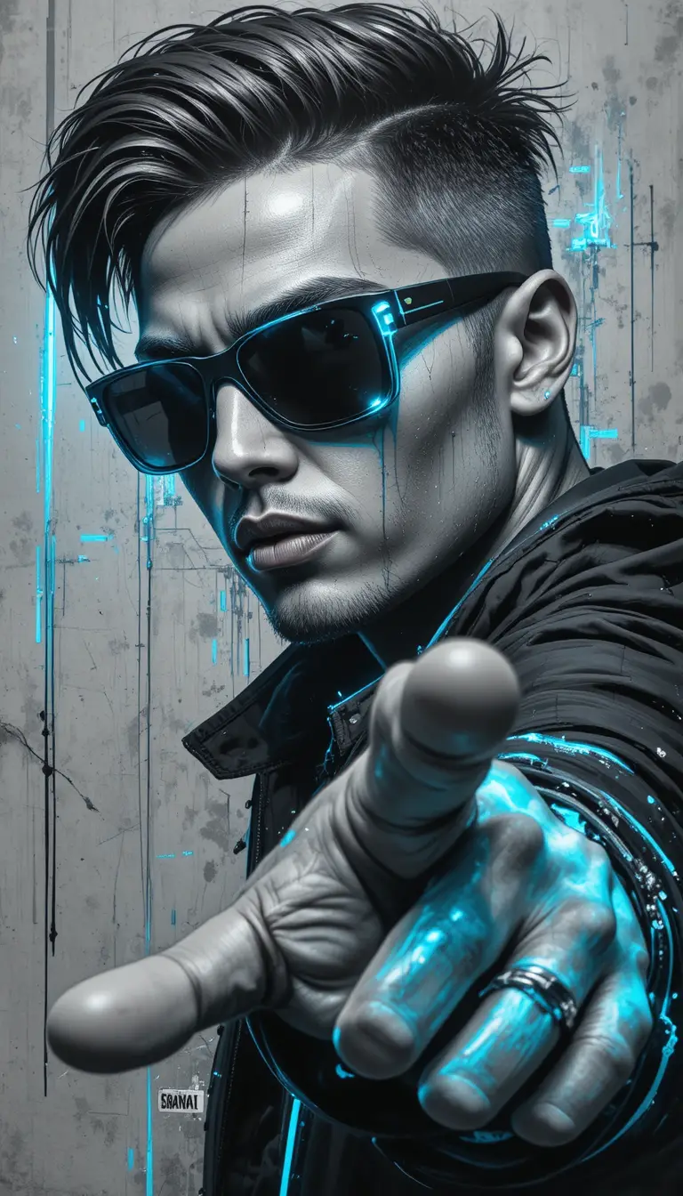 Urban mural portrait of a woman in sunglasses with neon accents