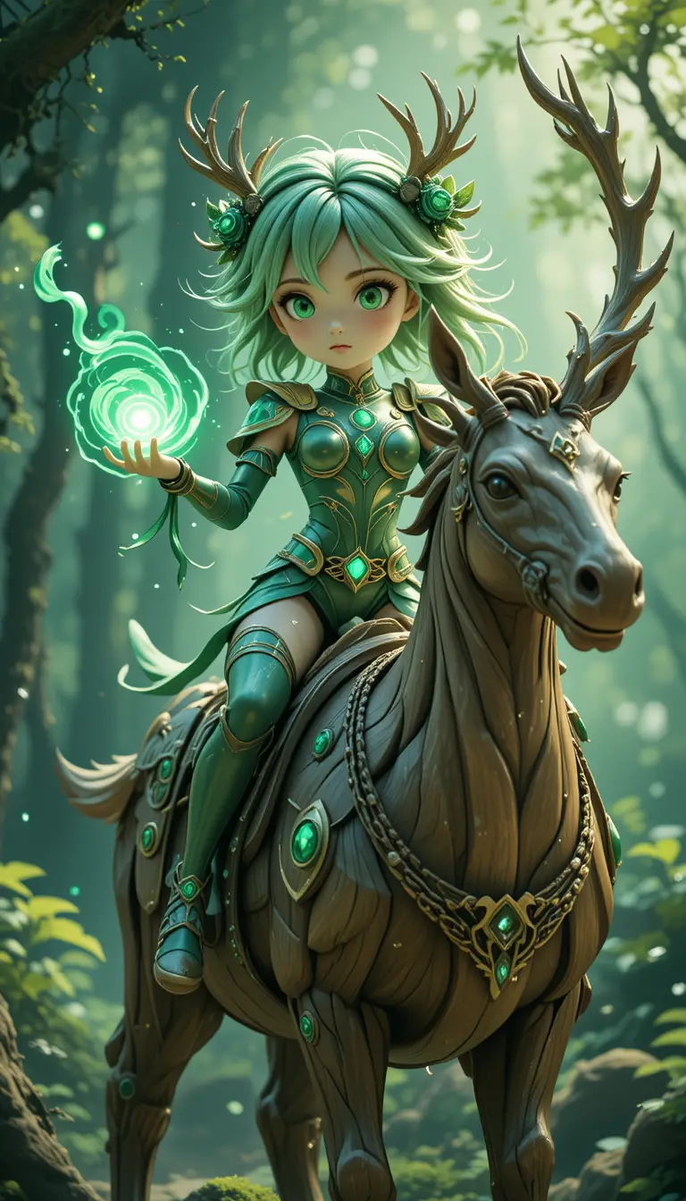 Anime forest warrior riding a wooden stag mount