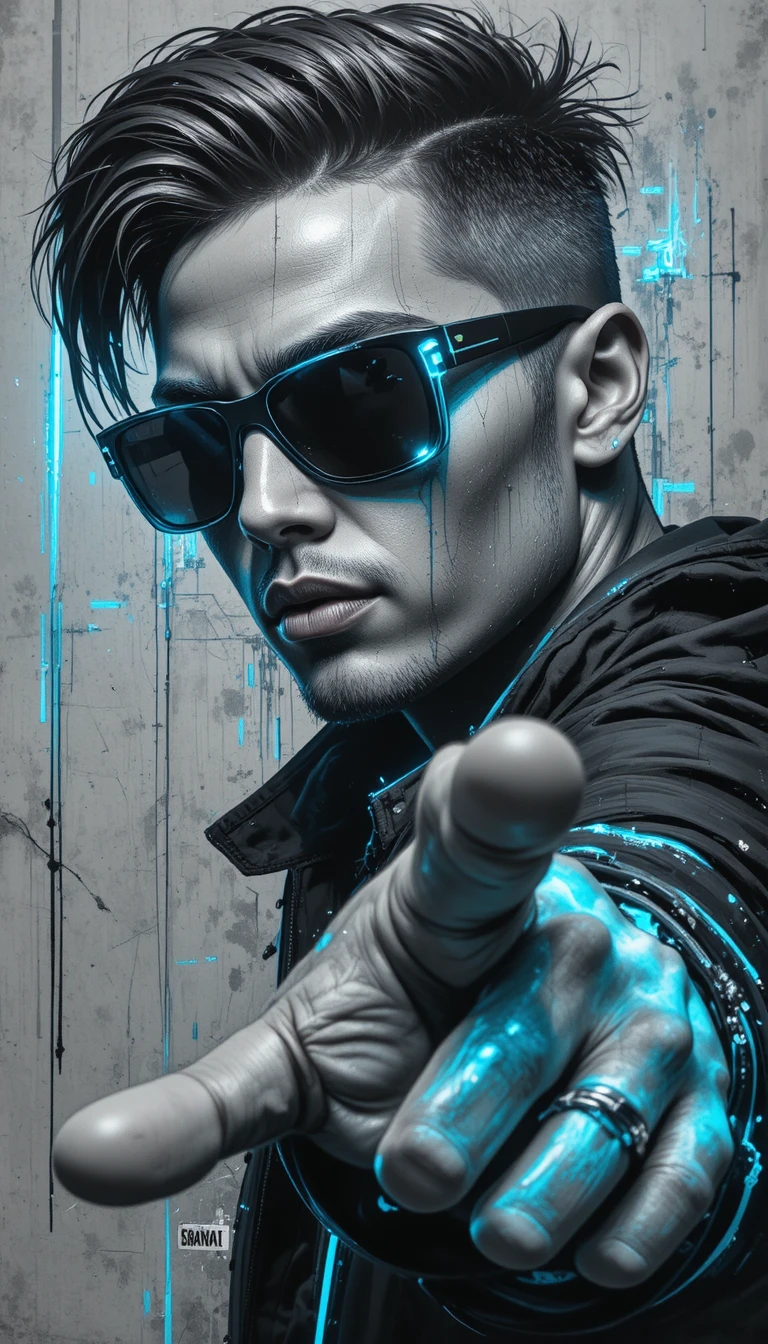 Urban mural portrait of a woman in sunglasses with neon accents