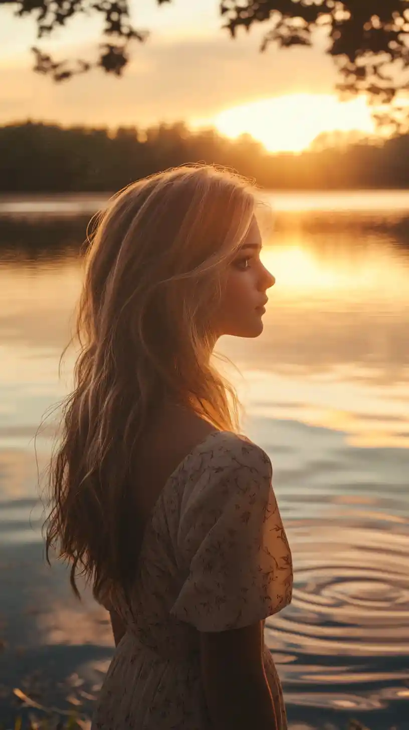 Young woman by a still lake at warm sunset
