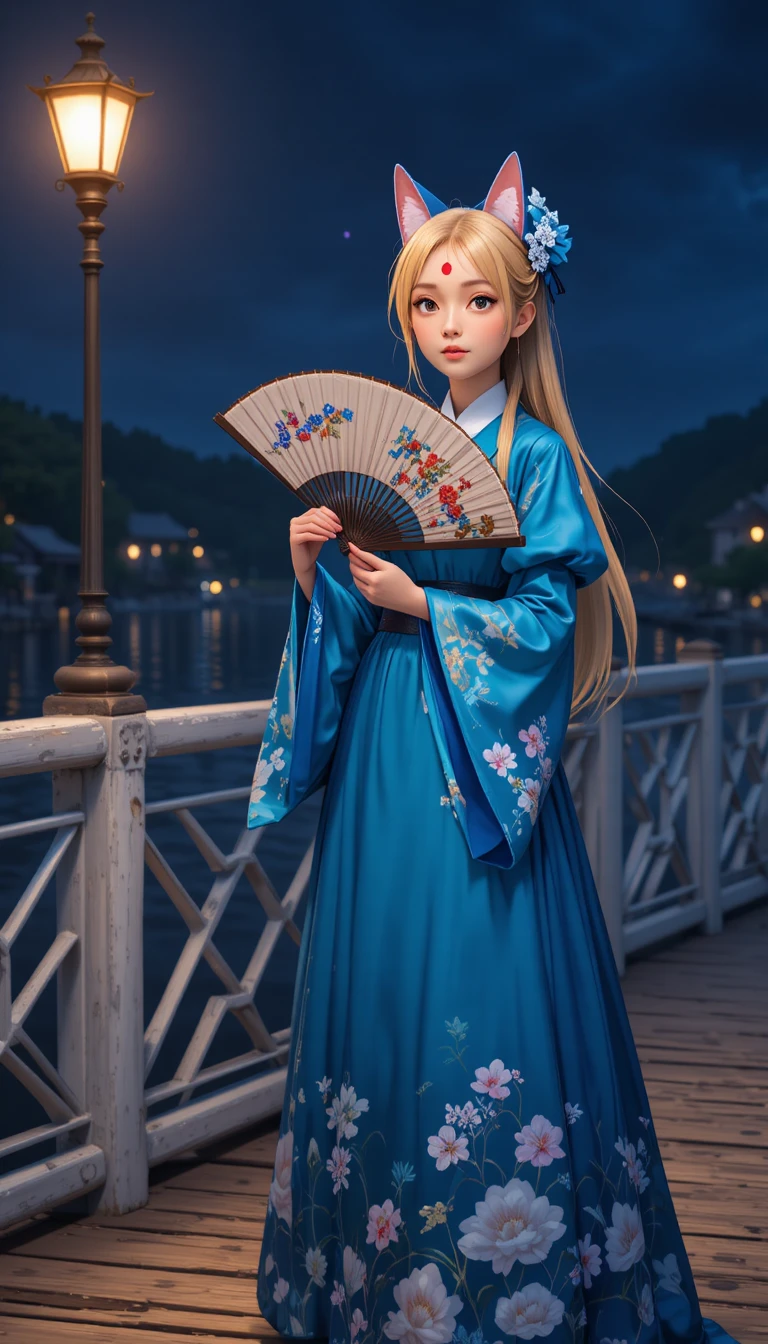 夜の桟橋で扇子をくるくる回す金髪のアニメ女性