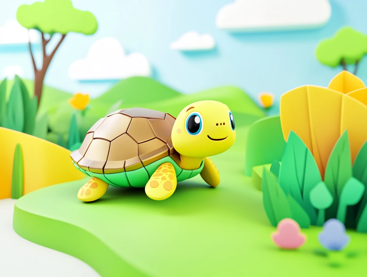 Cute 3D cartoon turtle roaming in a playful fantasy habitat