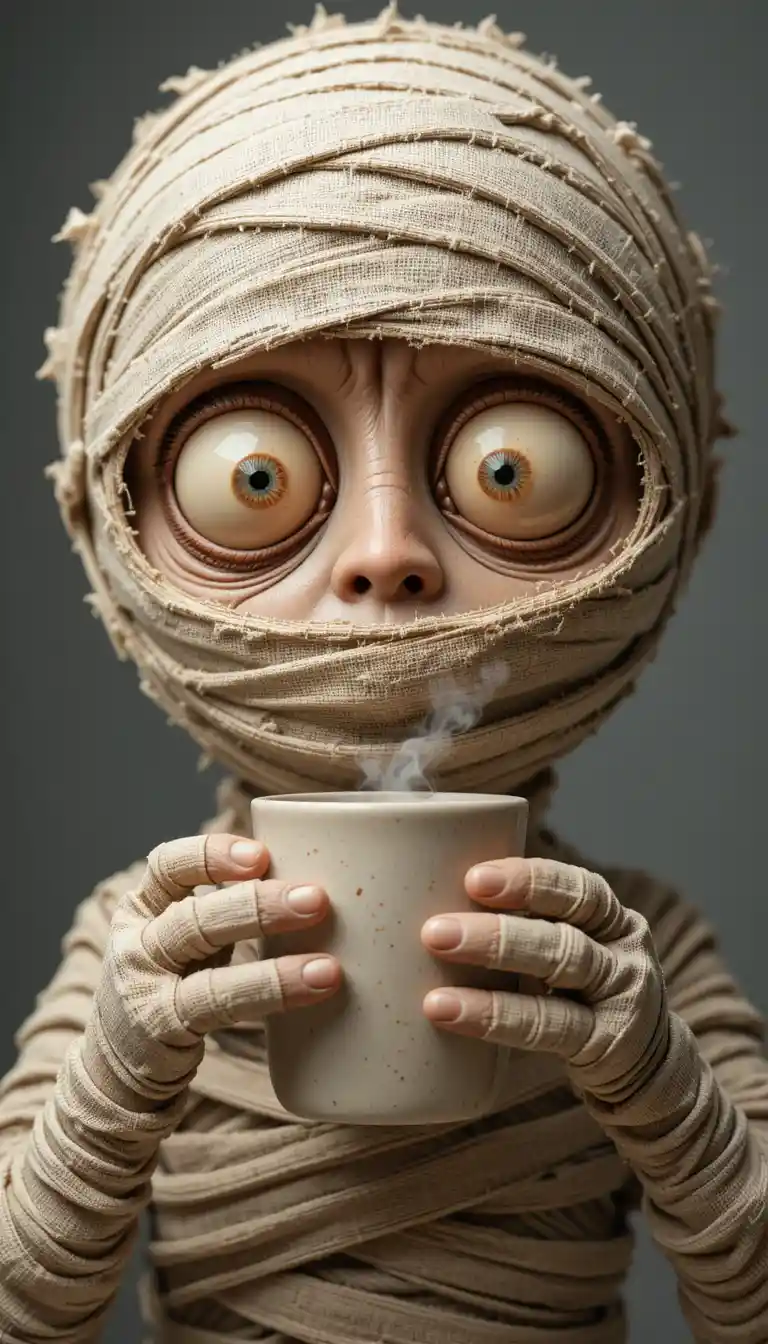Sleepy mummy close up holding a steaming coffee mug