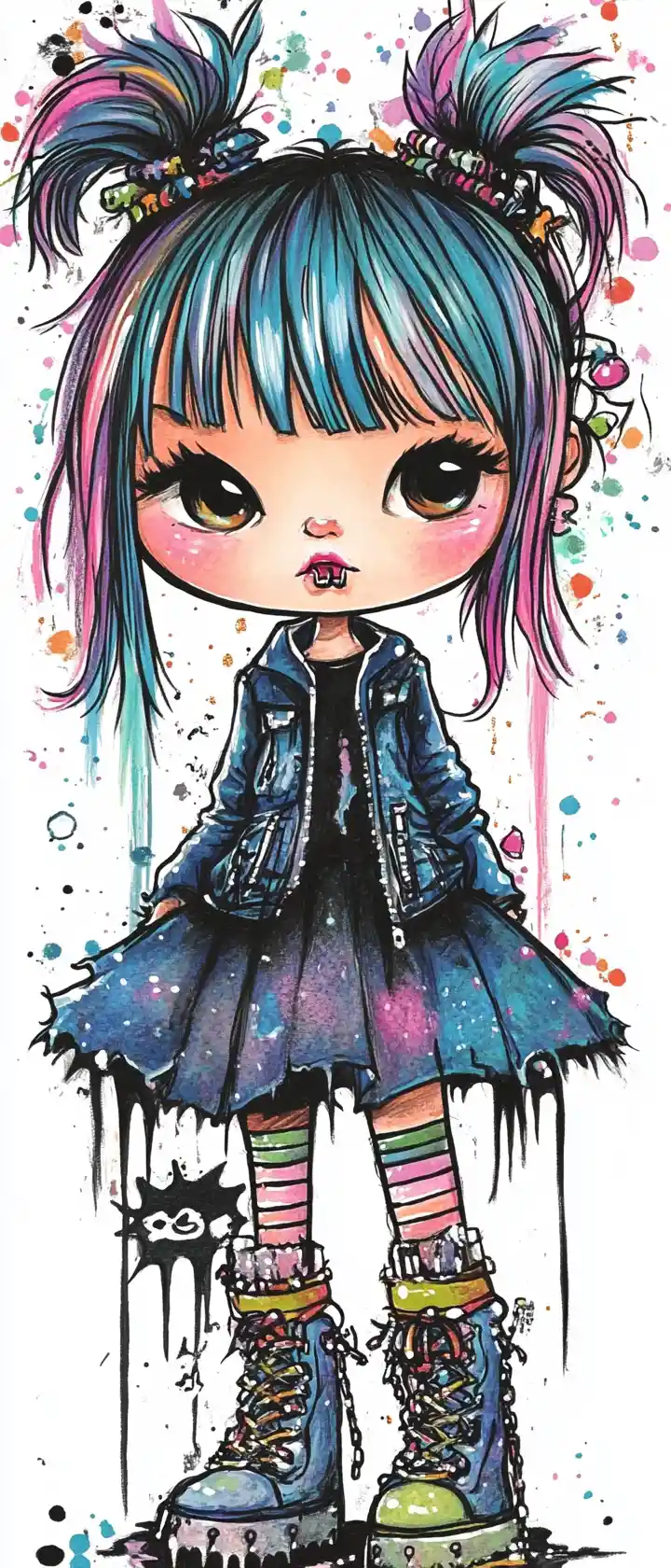 Pastel cartoon portrait of a rebellious little punk girl