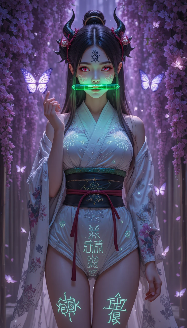 Anime demon girl with glowing runes and bamboo gag