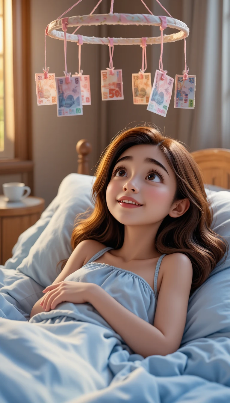 Dreamy girl in bed under floating money mobile