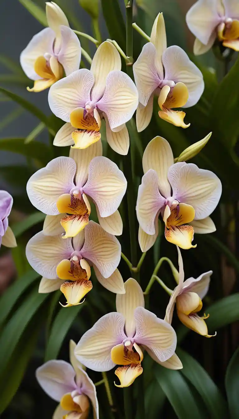 Close up of cascading lavender orchids with golden yellow centers