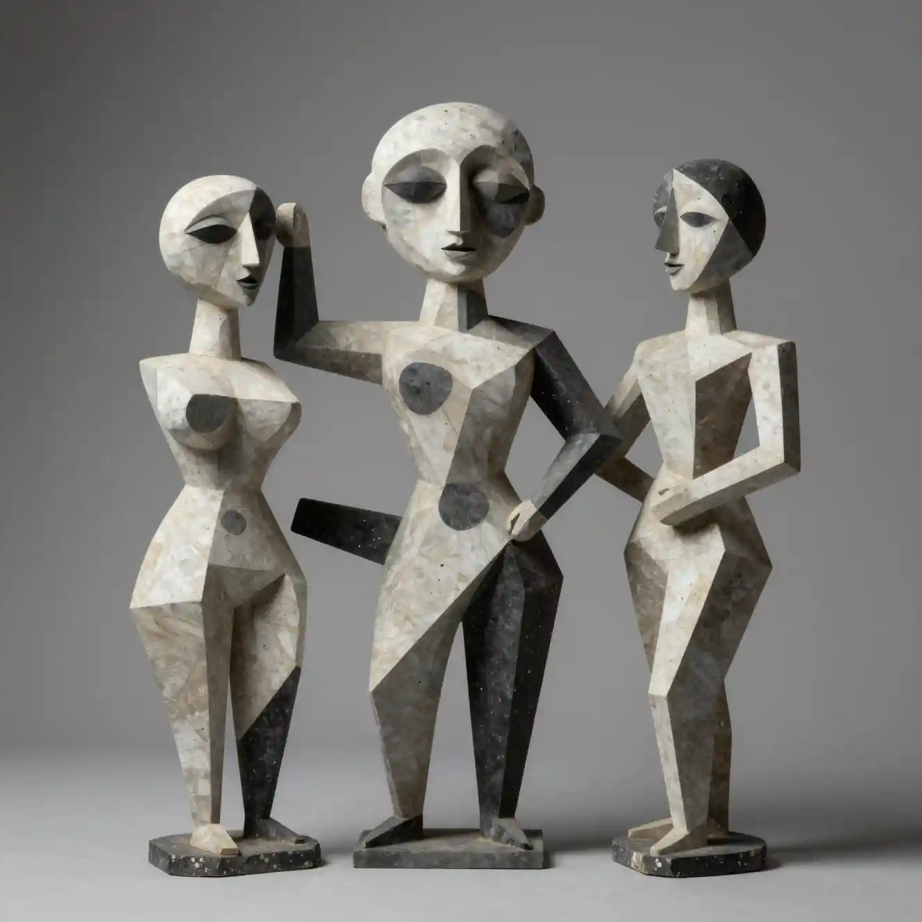 Surreal abstract sculptures rendered in a modern cubist style