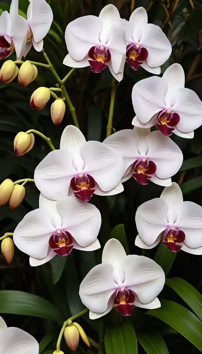 Dense cluster of exotic white orchids with crimson veins