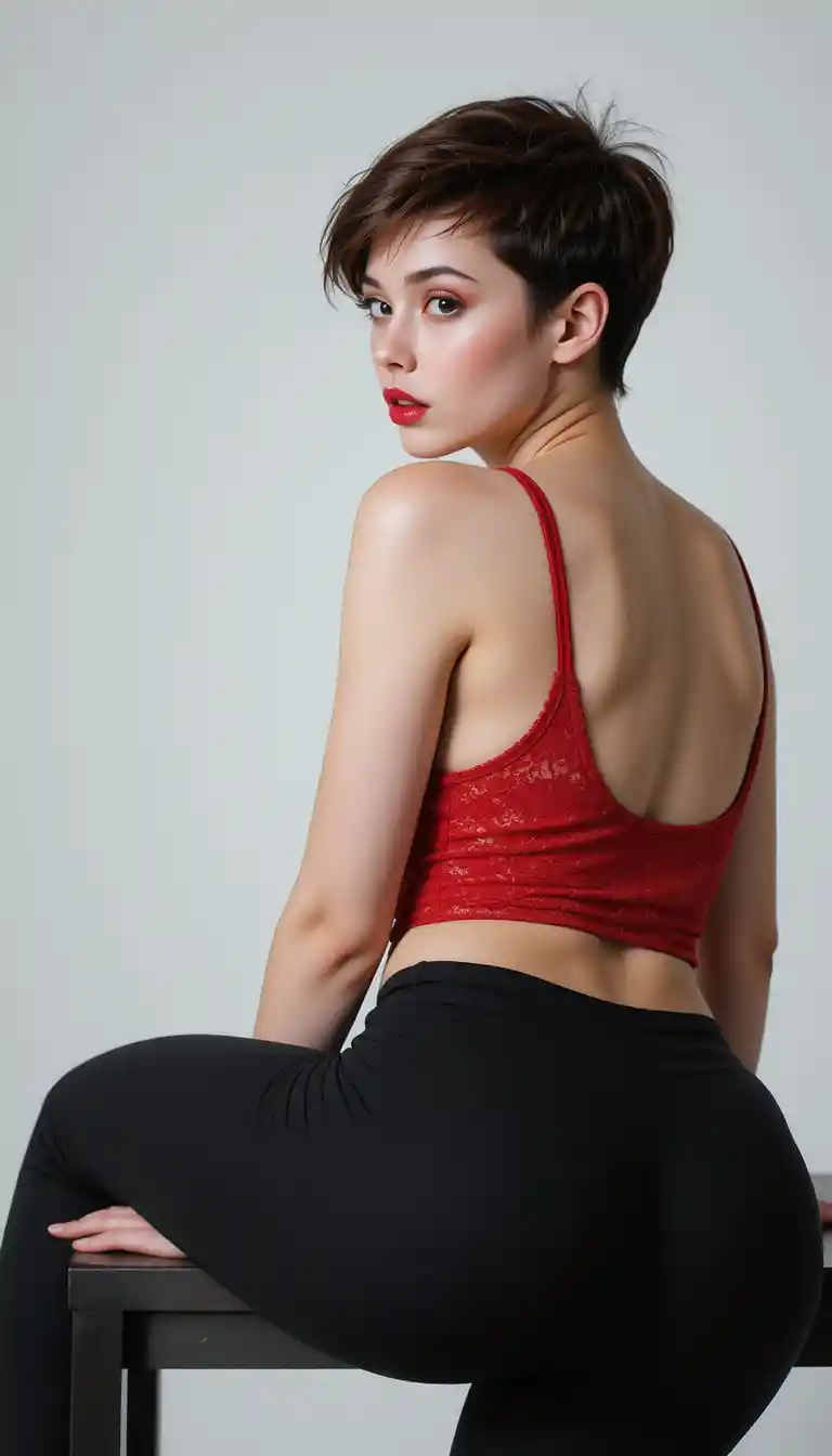 Young woman in red lace top leaning forward on table