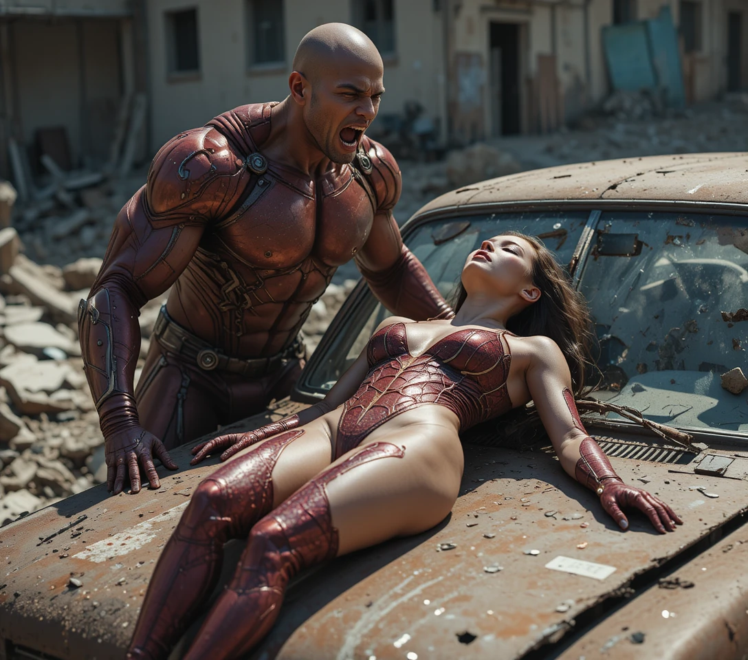 Armored superhero guarding unconscious woman on wrecked car