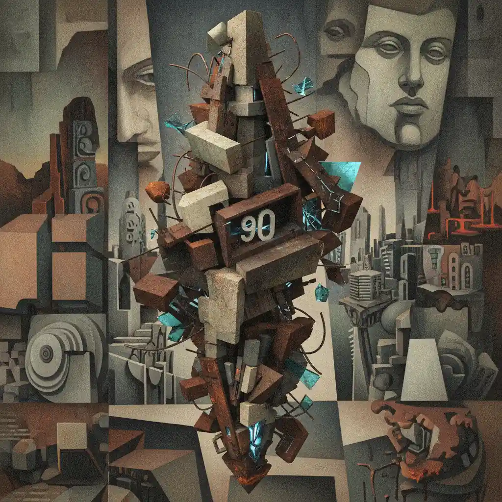 Surreal cubist sculptures forming an abstract imaginative scene