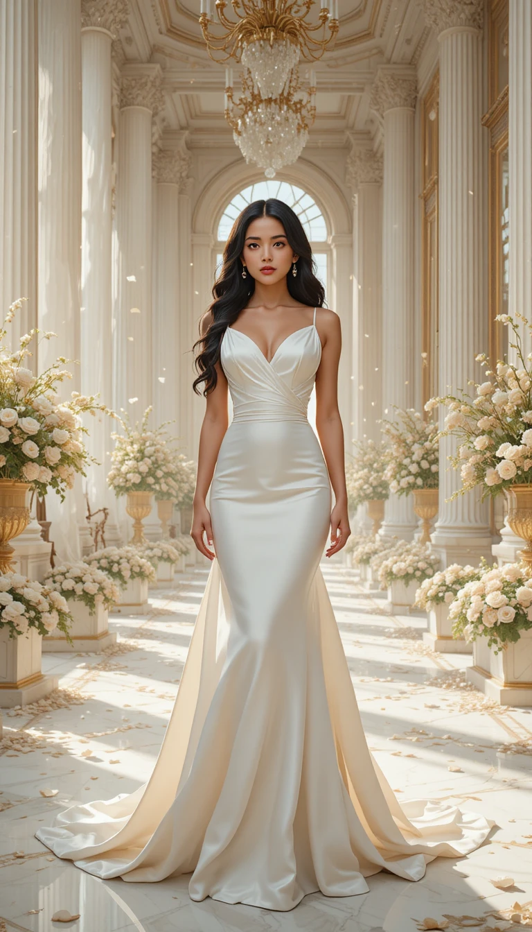 Donna elegante in abito bianco in un lussuoso interno di marmo