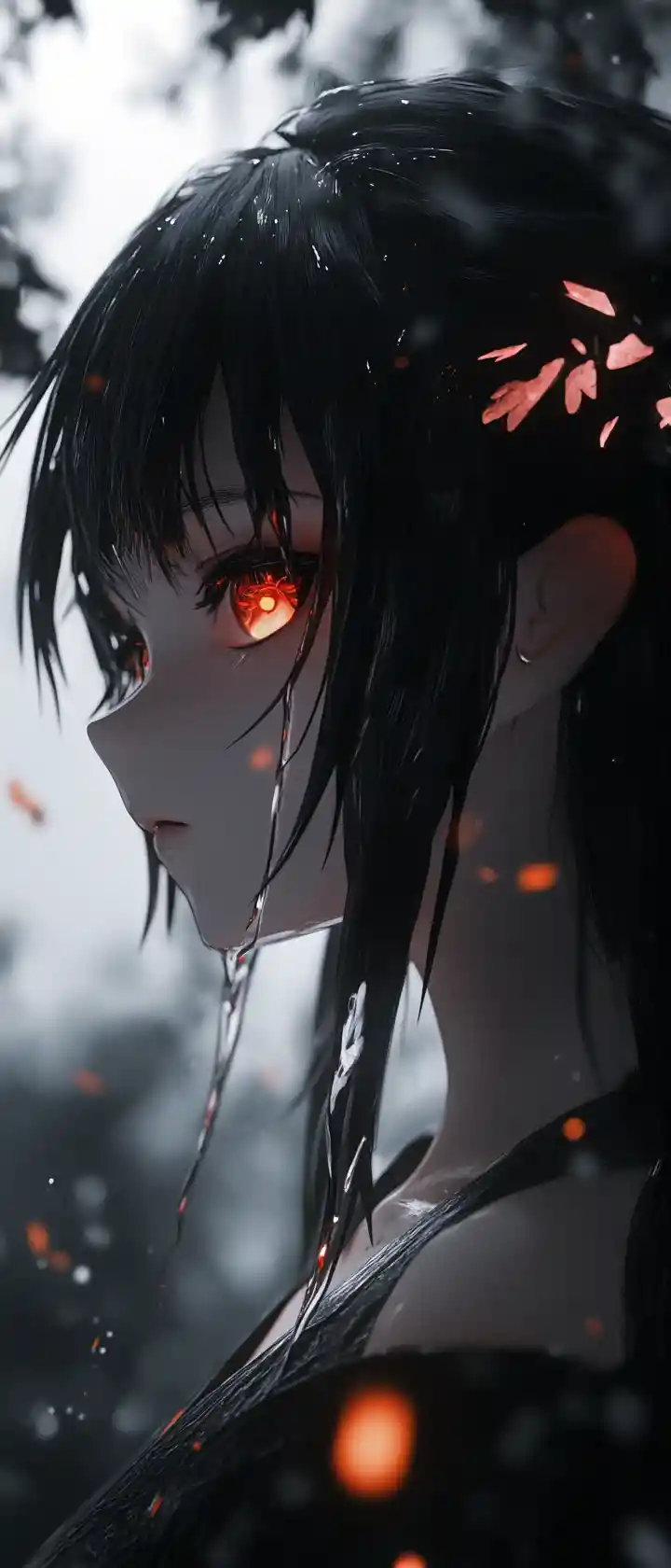 Sorrowful 3D anime girl with glowing unearthly eyes