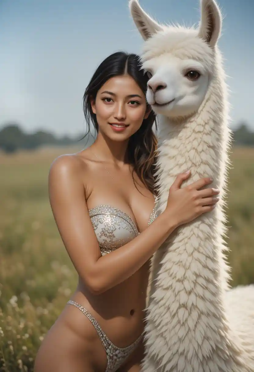 Smiling nude woman hugging a fluffy white llama outdoors