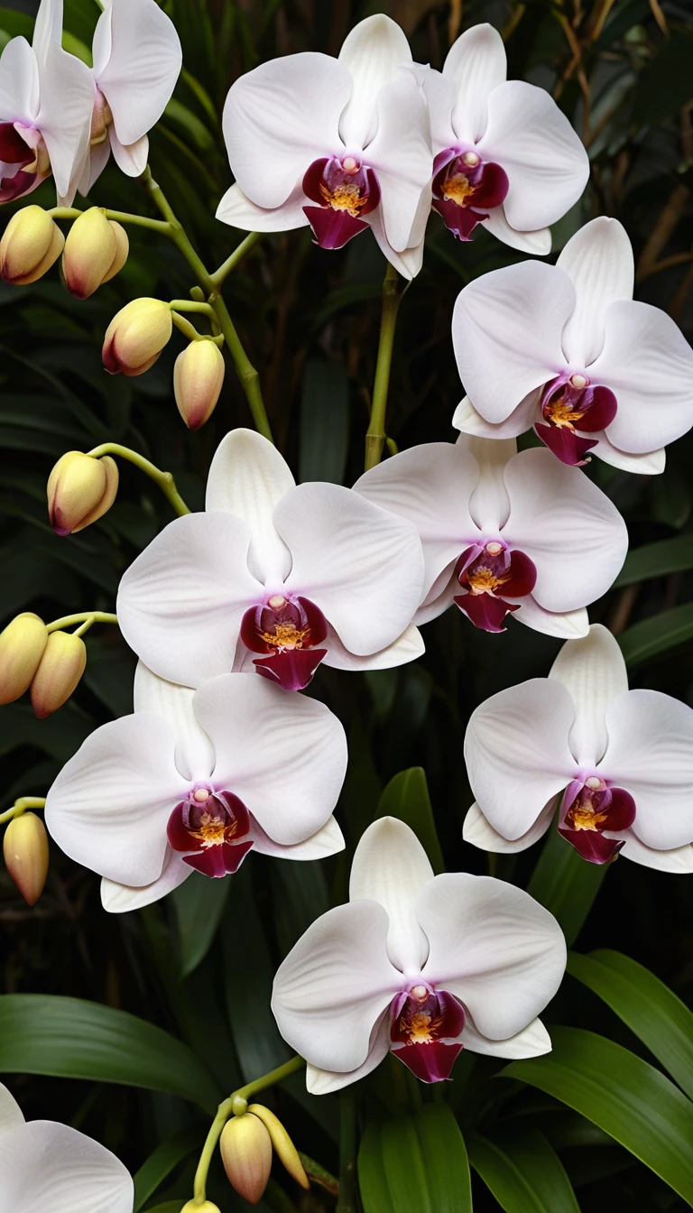 Dense cluster of exotic white orchids with crimson veins
