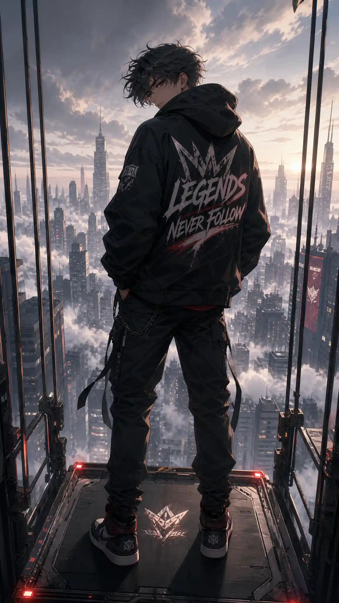 Anime man on rising platform above a misty city