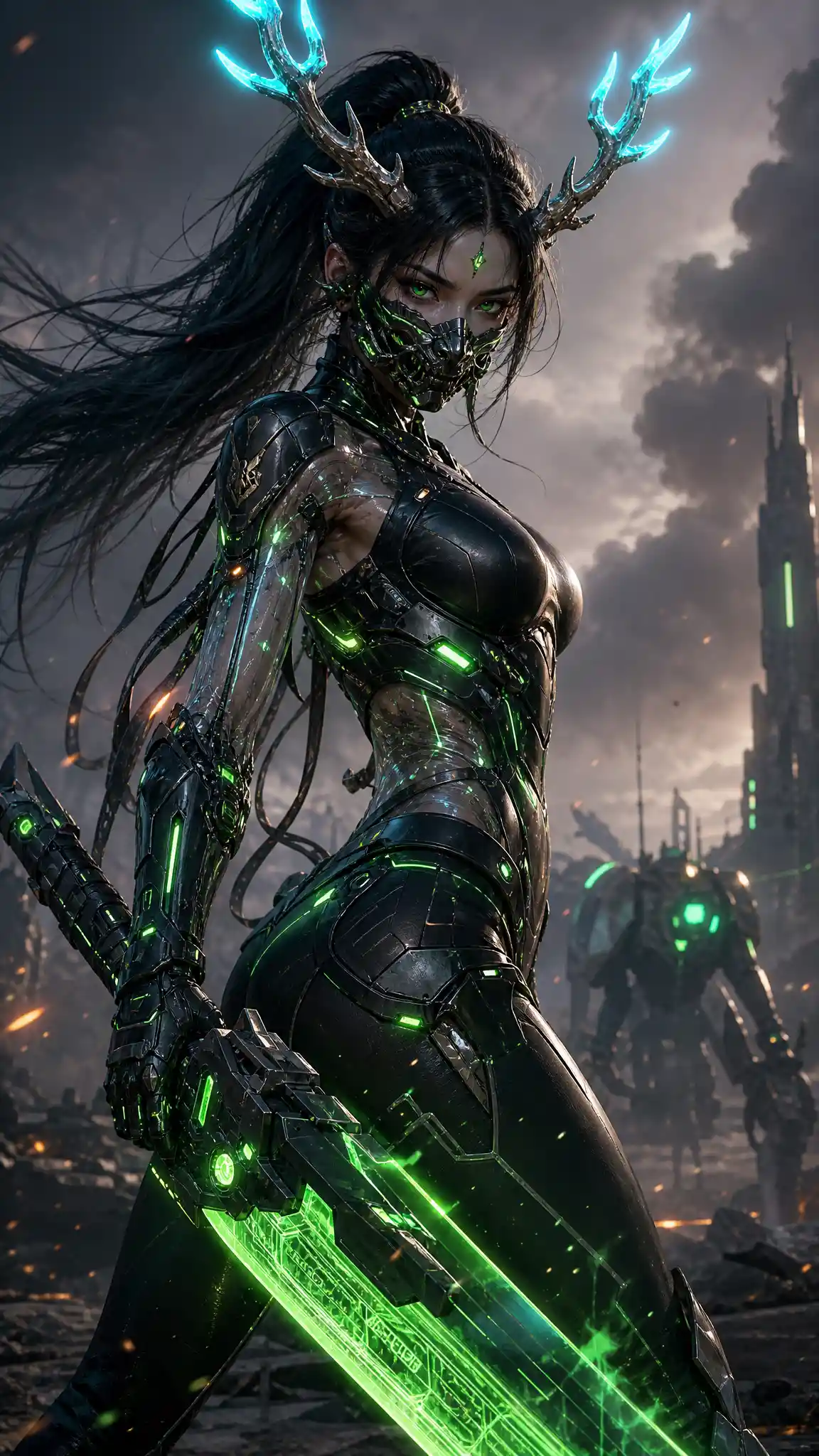 Cybernetic warrior woman with neon antlers and energy sword