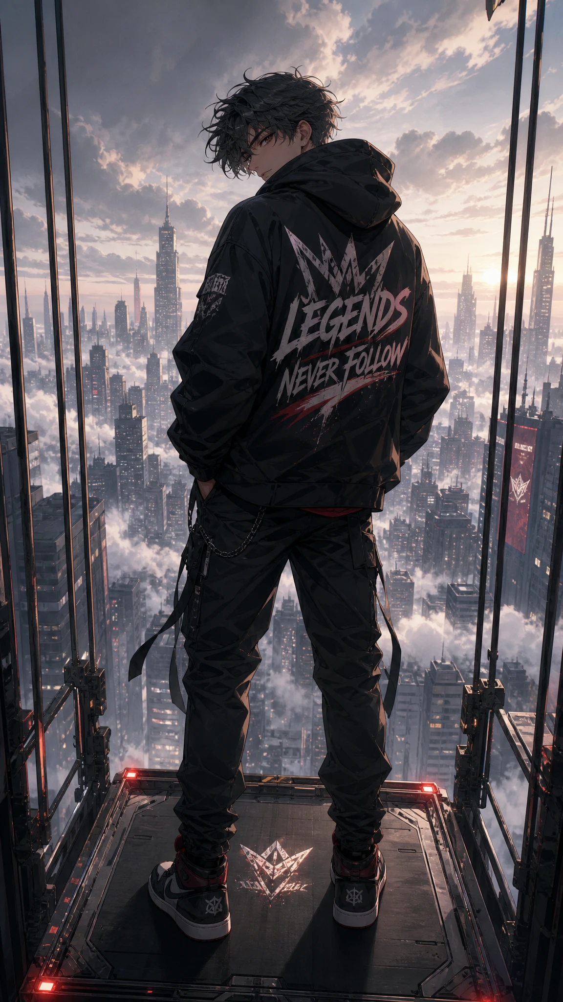 Anime man on rising platform above a misty city